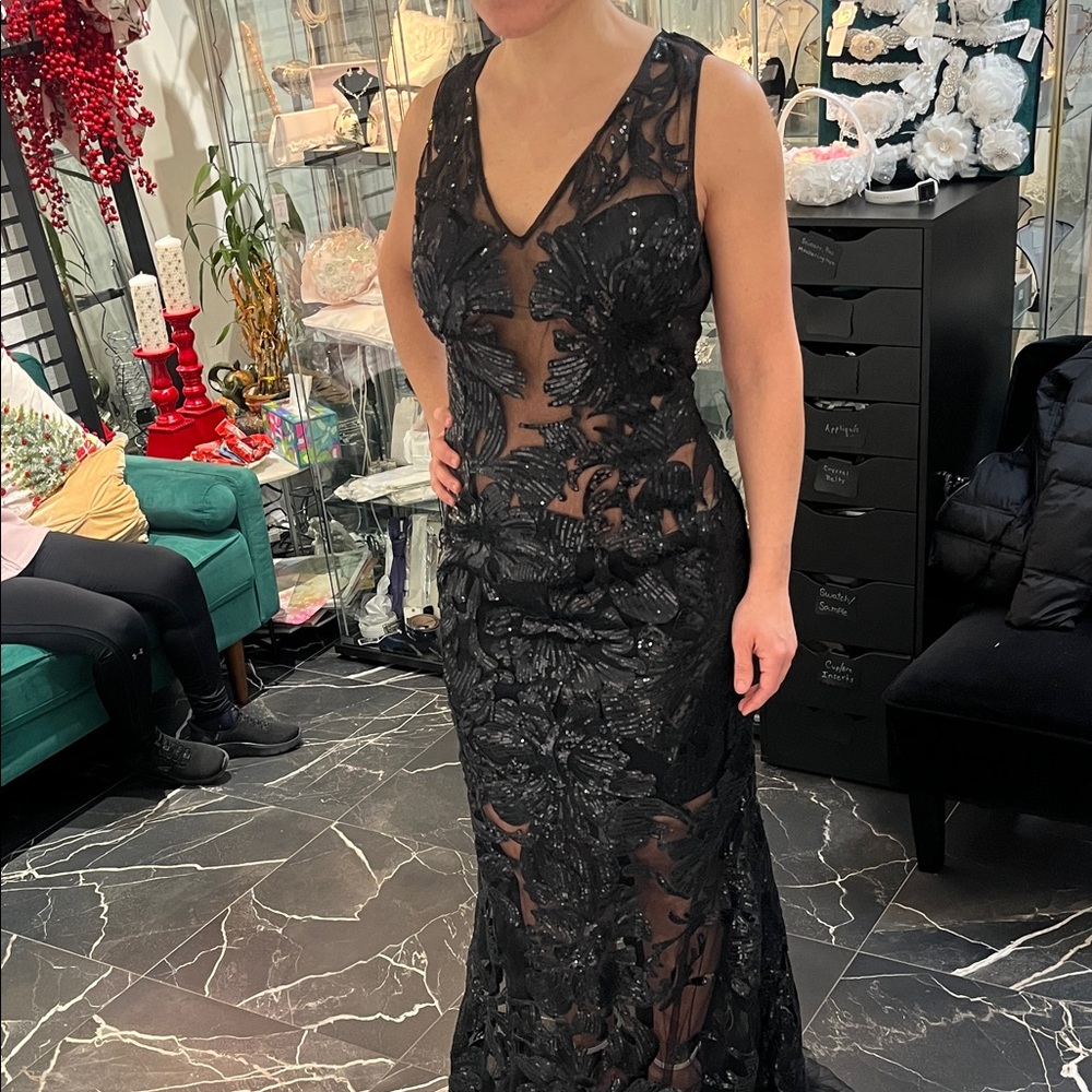 Jovani Black Sheer Lace Backless Dress size 10